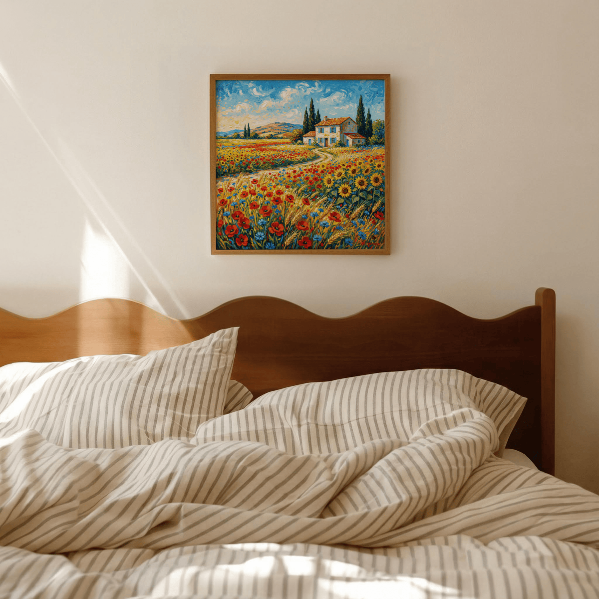 Vibrant Countryside Wall Art framed print of a colourful meadow with wildflowers above a wooden bed