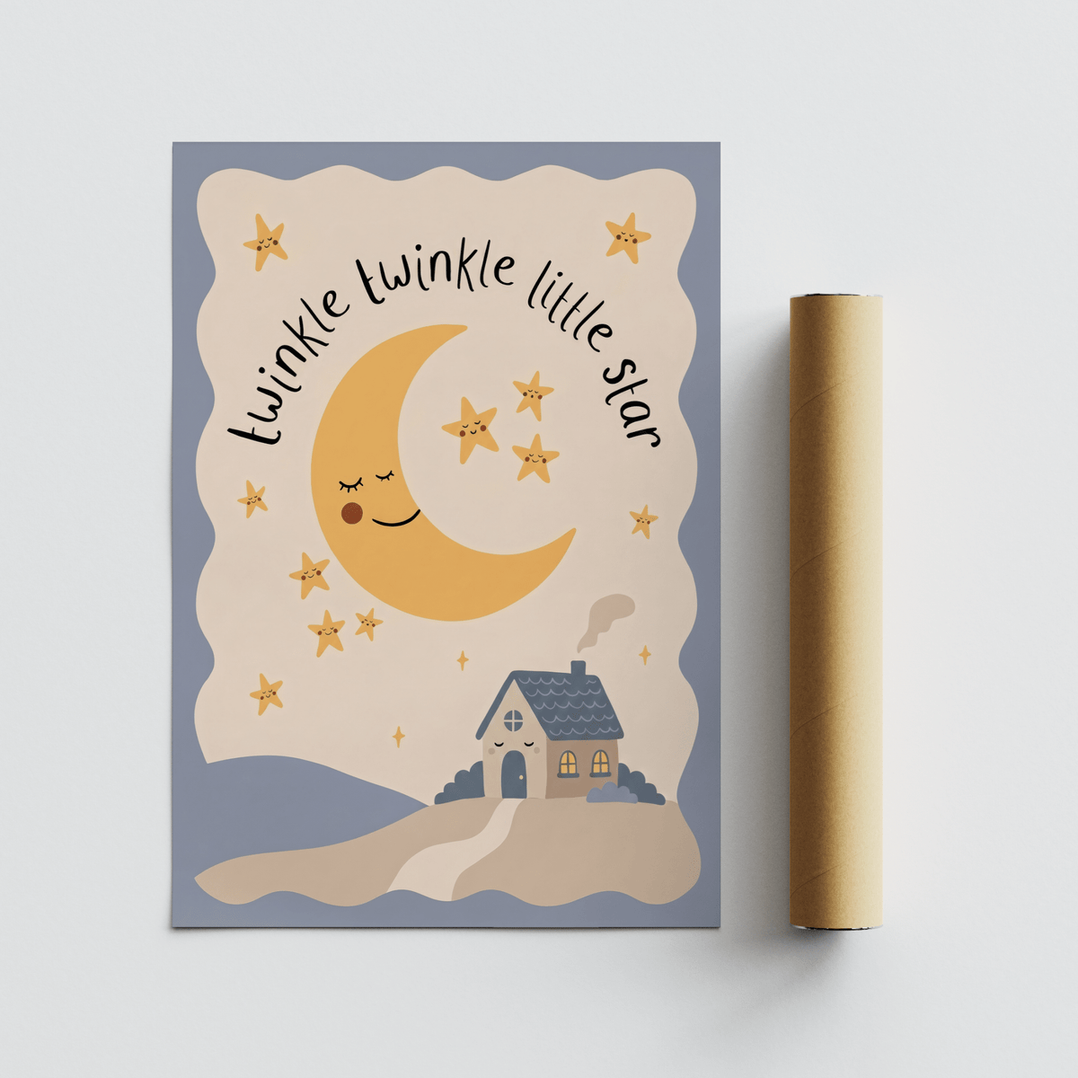 Twinkle Twinkle Star Print with a crescent moon, stars and a house next to a packaging tube