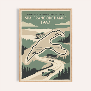 Framed print of Belgian Race Circuit Map Poster with minimalist retro style in green and beige