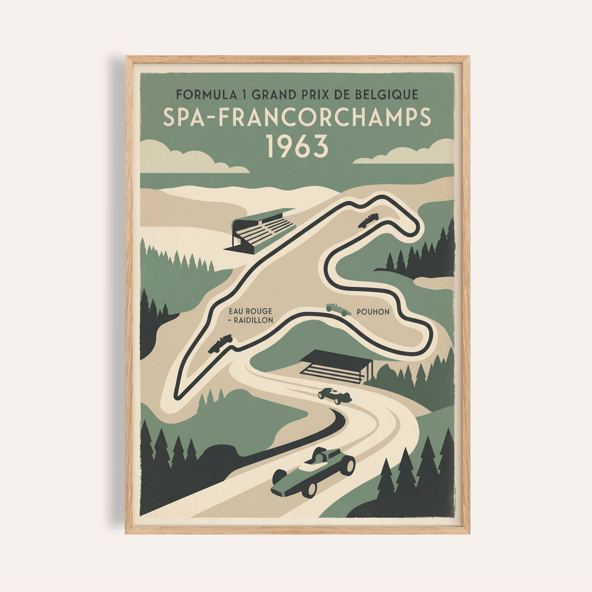 Framed print of Belgian Race Circuit Map Poster with minimalist retro style in green and beige