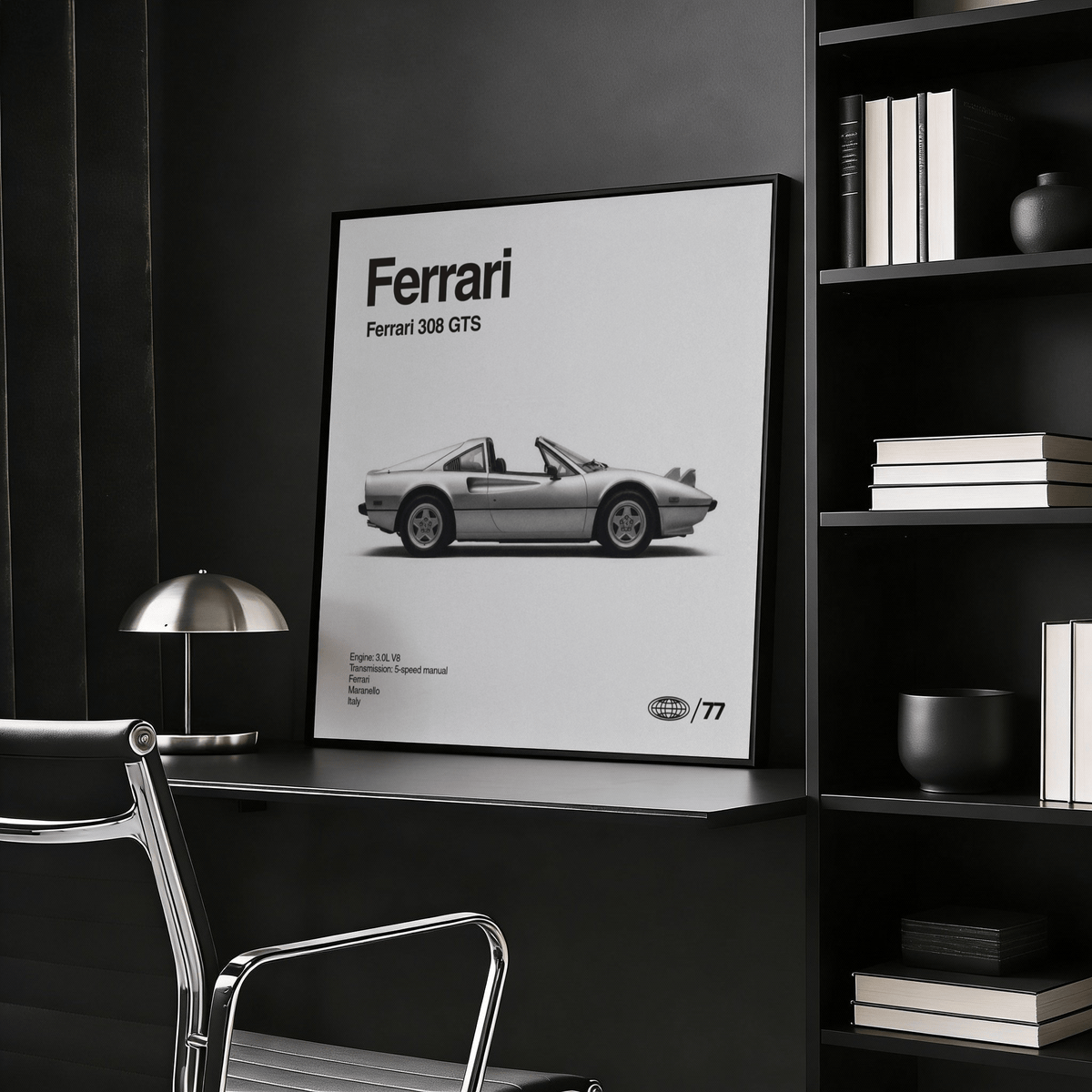 Close-up of classic convertible car side profile in grey and black tones on graphic poster