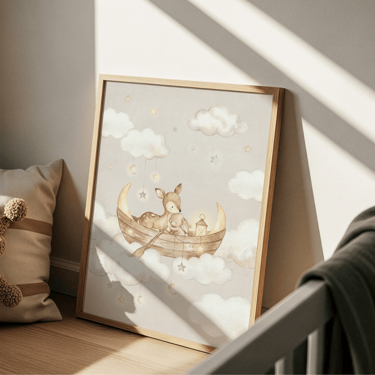 Print leaning on a floor with soft natural light of a deer and rabbit in a boat among clouds