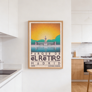 Madrid Landscape Poster print of a retirement park monument reflected in water in orange and teal colours hanging in a kitchen