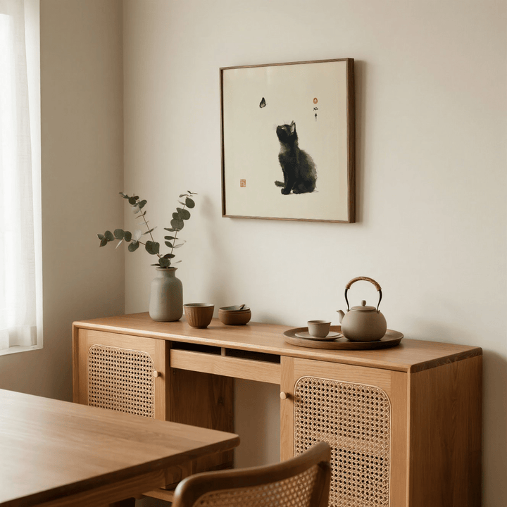 Butterfly Cat Poster print leaning on a beige wall with natural wooden furniture and ceramic teapot