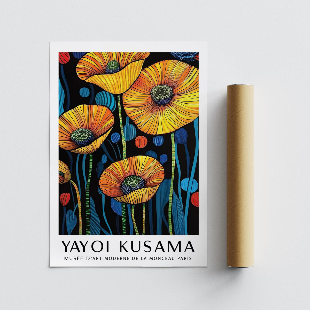 Art of Poppies print of yellow poppy flowers with black background and white border next to a brown packaging tube