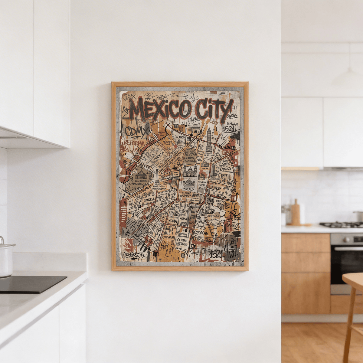 Mexico Map Poster hung on a white kitchen wall with wooden cabinets visible