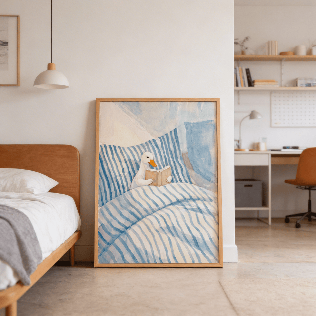 Duck reading art print leaning on floor in a bedroom with wooden bed and neutral decor