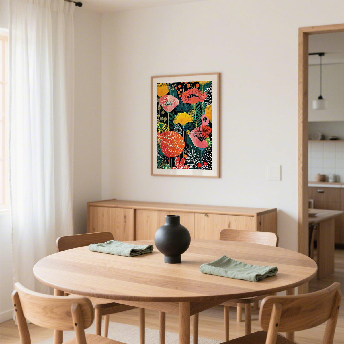 Wall Art Flower print of colourful poppy flowers above a dining table with a black vase