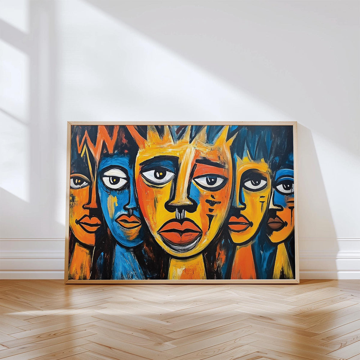 Framed African wall art for living room with abstract colourful tribal expressionist faces leaning on a wooden floor