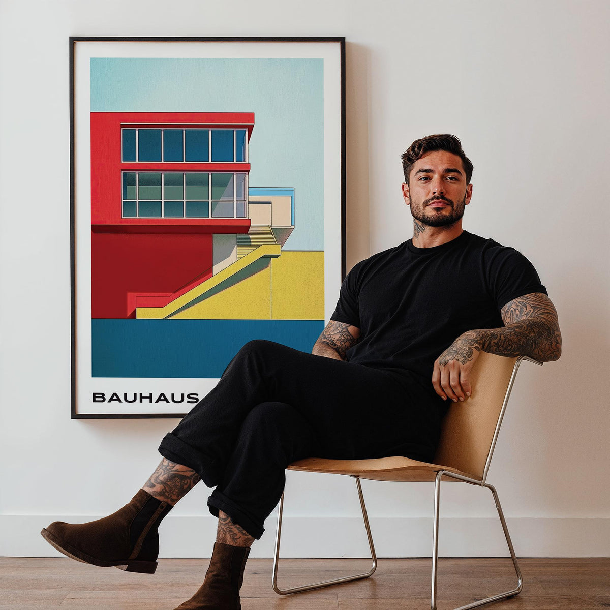 Print on a wall with a minimalist bauhaus building in red yellow and blue beside a man sitting on a chair