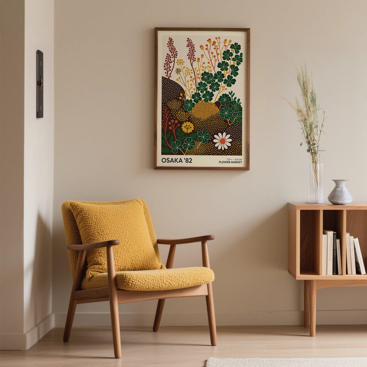 Wildflower art prints in a minimalist botanical-illustration style with green clover and flowers on a living room wall above a mustard