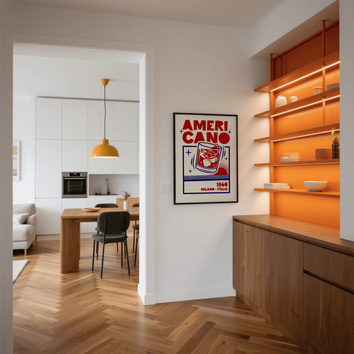 Americano Cocktail poster print with red and blue minimalist illustration on a white wall next to orange shelves