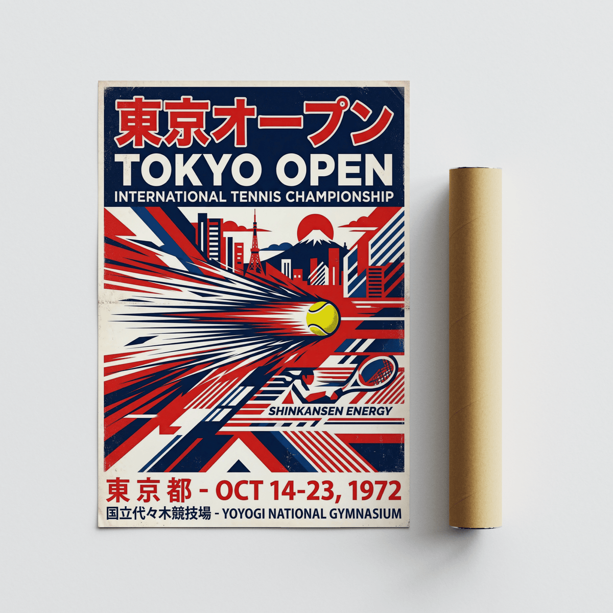 Tokyo Open Tennis Print with a yellow ball and red blue retro cityscape next to a packaging tube