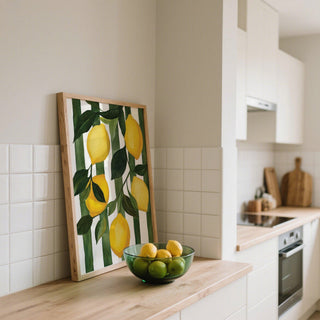 Kitchen wall Lemon Painting featuring bold yellow lemons and dark green leaves.