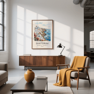 Santorini art print of a cliffside village with vivid watercolour blues and reds in a bright living room