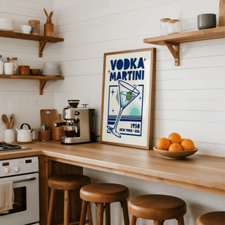 Vodka Martini Poster print leaning on a kitchen counter with a bowl of oranges nearby