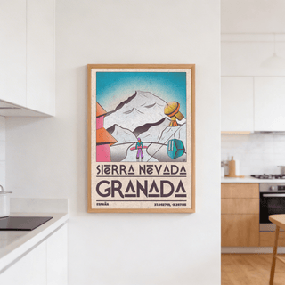 Sierra Nevada Art Print on a white wall in a kitchen with wooden furniture and a pendant light