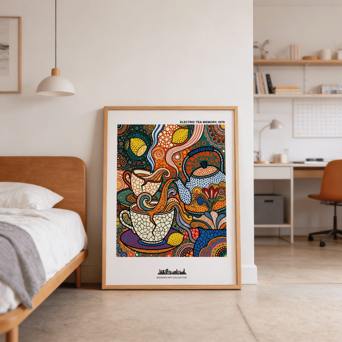 Print leaning on floor of Tea Time wall art with abstract tea cups lemons and teapot in muted blue orange and yellow tones