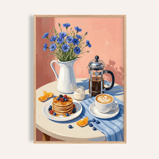 Framed Breakfast Art Print of pancakes with berries, coffee, and blue flowers on a table