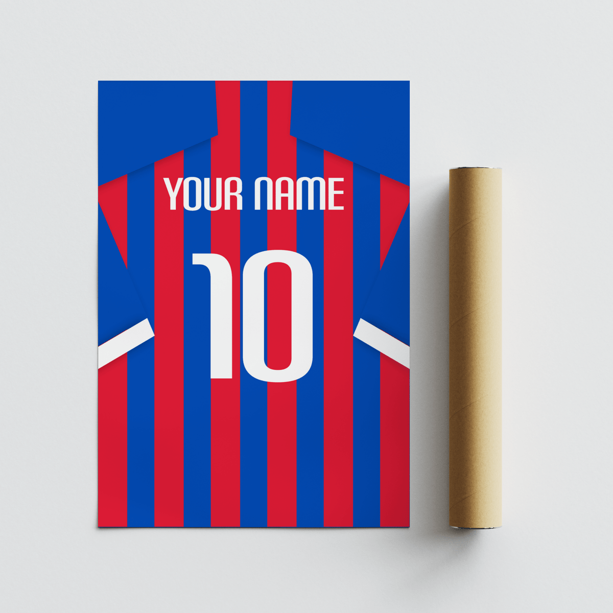 Football Shirt Poster in Blue and Red Stripes laid flat with a packaging tube