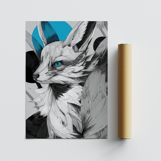 Japanese Fox Print flat artwork with black and white line-art and a bright blue eye and background shape next to a brown packaging tube