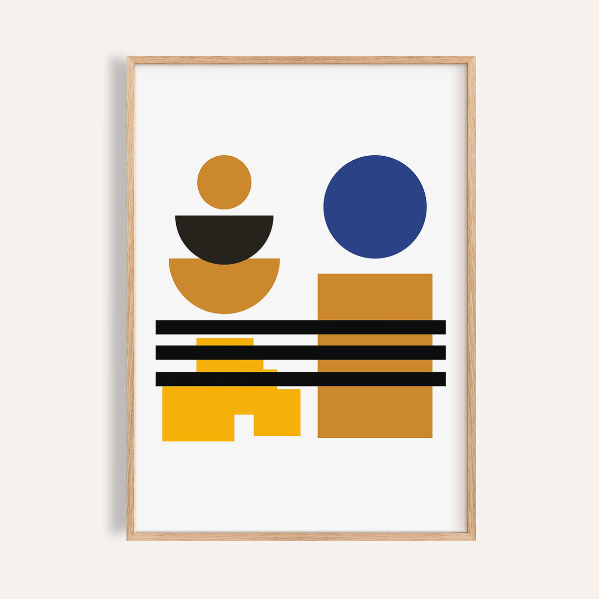 Framed print of blue and brown wall art with geometric shapes and black lines