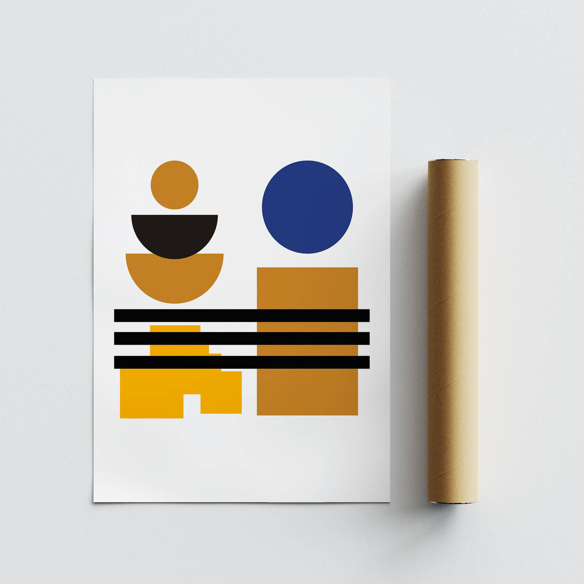 Blue and Brown Wall Art flat print with geometric shapes beside a packaging tube on a pale surface