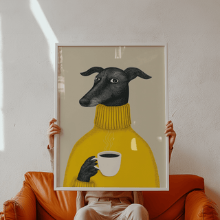 Illustrative Dog Wall Art of a black dog in a yellow sweater held sitting on a tan sofa