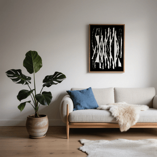 Abstract Black And White wall art of torn black and white stripes above a sofa with a blue cushion