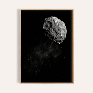 Mars Art framed print close-up of a cratered asteroid in grey tones on a black background
