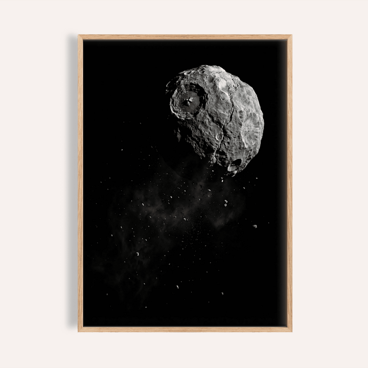 Mars Art framed print close-up of a cratered asteroid in grey tones on a black background