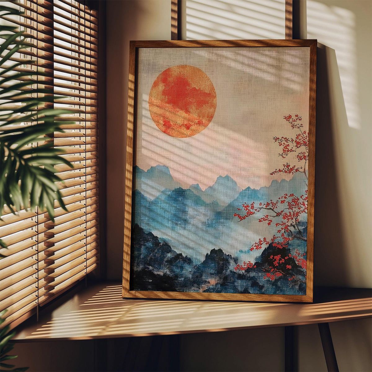 Japanese Mountain Art wall decor with fine branch detail and aged canvas look.