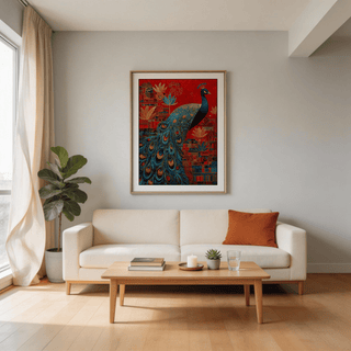Indian Peacock Art Print in a living room with an off-white sofa and a green plant