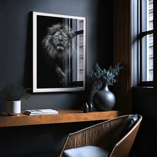 Black Lion Art Print framed close-up showing a lion portrait with a dark background in a modern room
