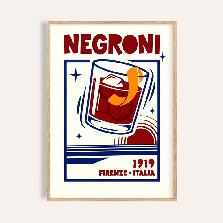 Framed Negroni Cocktail Print showing retro pop-art style cocktail glass with orange peel detail