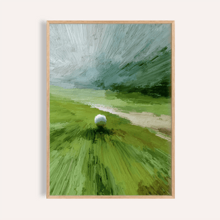 Framed Abstract Green Wall Art showing a golf ball on a tee with green and grey brush strokes
