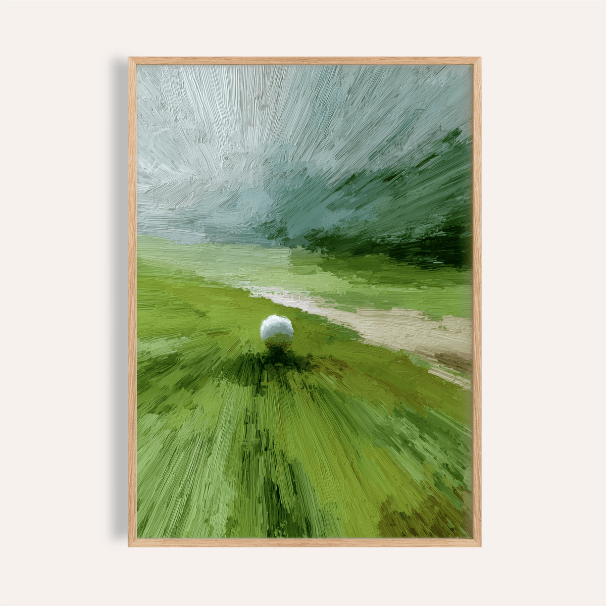 Framed Abstract Green Wall Art showing a golf ball on a tee with green and grey brush strokes
