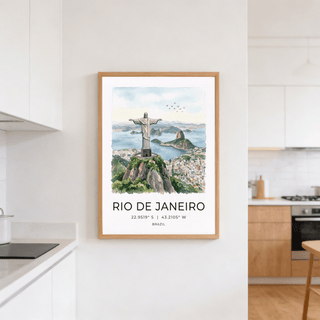 Cristo Redentor poster of the statue and city in watercolour hanging in a kitchen