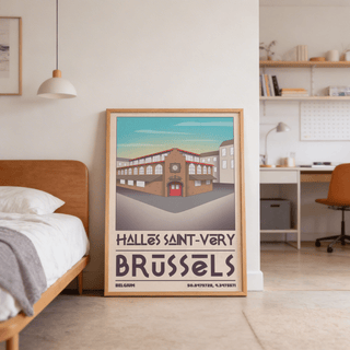 Brussels Architecture Art Print leaning against a wall in a bedroom showing the Halles Saint-Véry building illustration with muted colours
