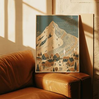Print leaning on a leather sofa of winter mountain art print with skiers and folk-art details
