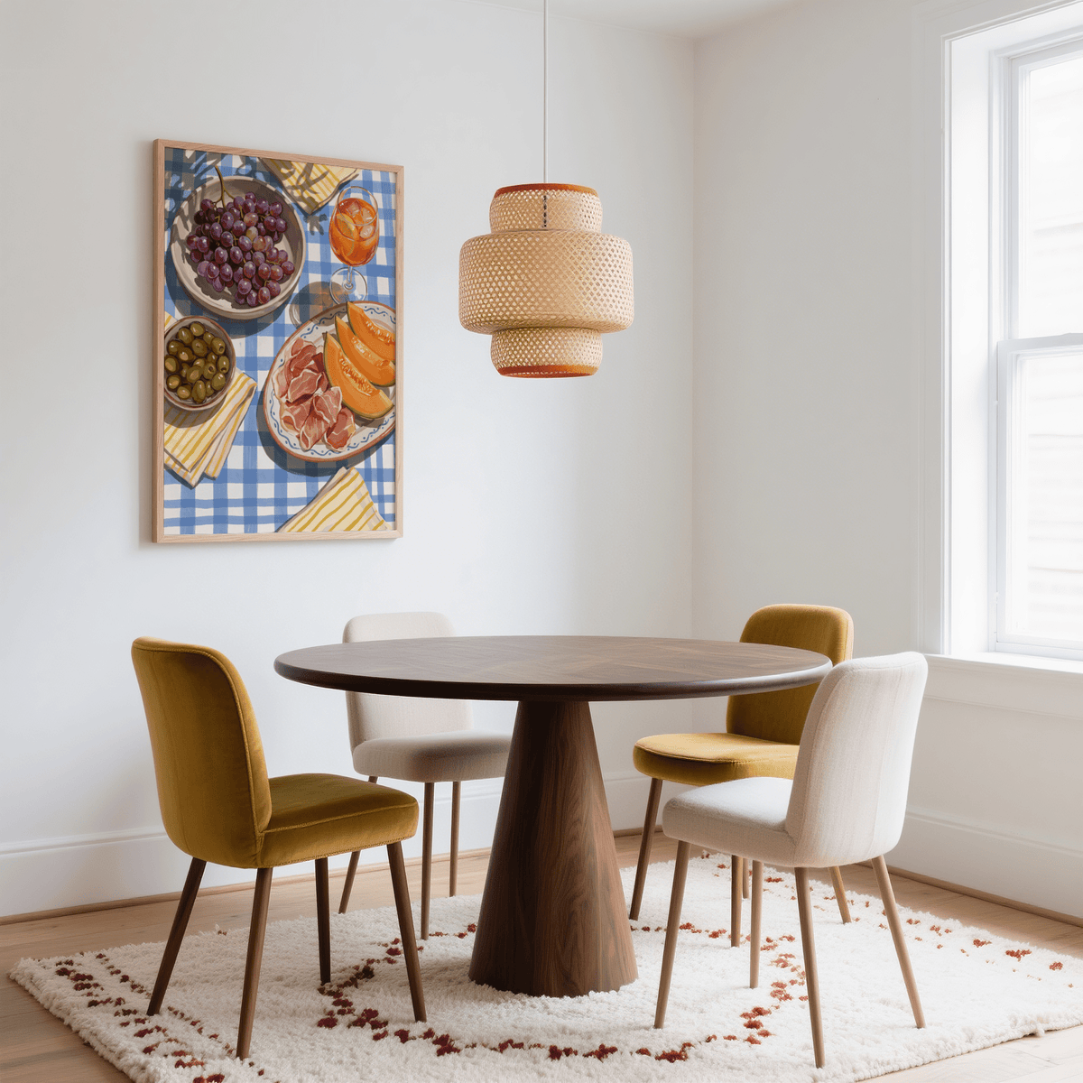 Picnic Decor Wall Art print of grapes and melon plate in a dining room with mustard and cream chairs