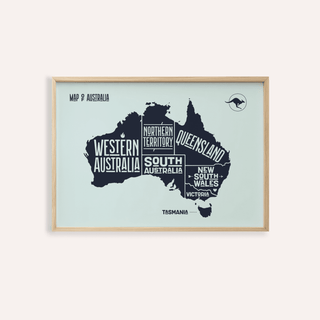 Framed Australia Map Print showing the map in black on blue background with state names