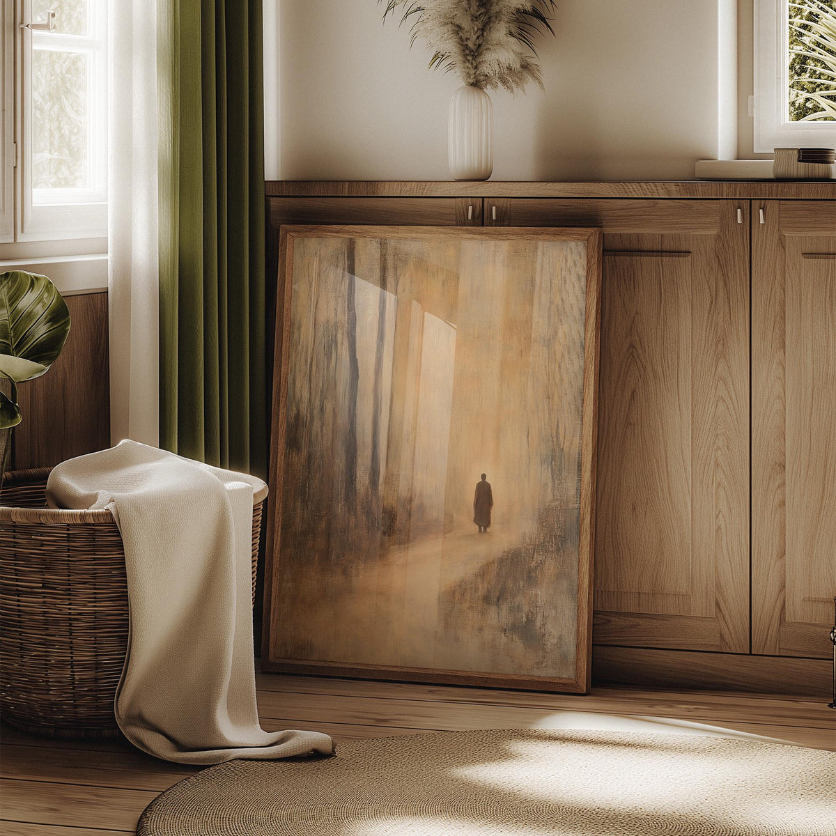 Print leaning on a wooden floor showing a monk walking in a muted brown forest with green curtain beside