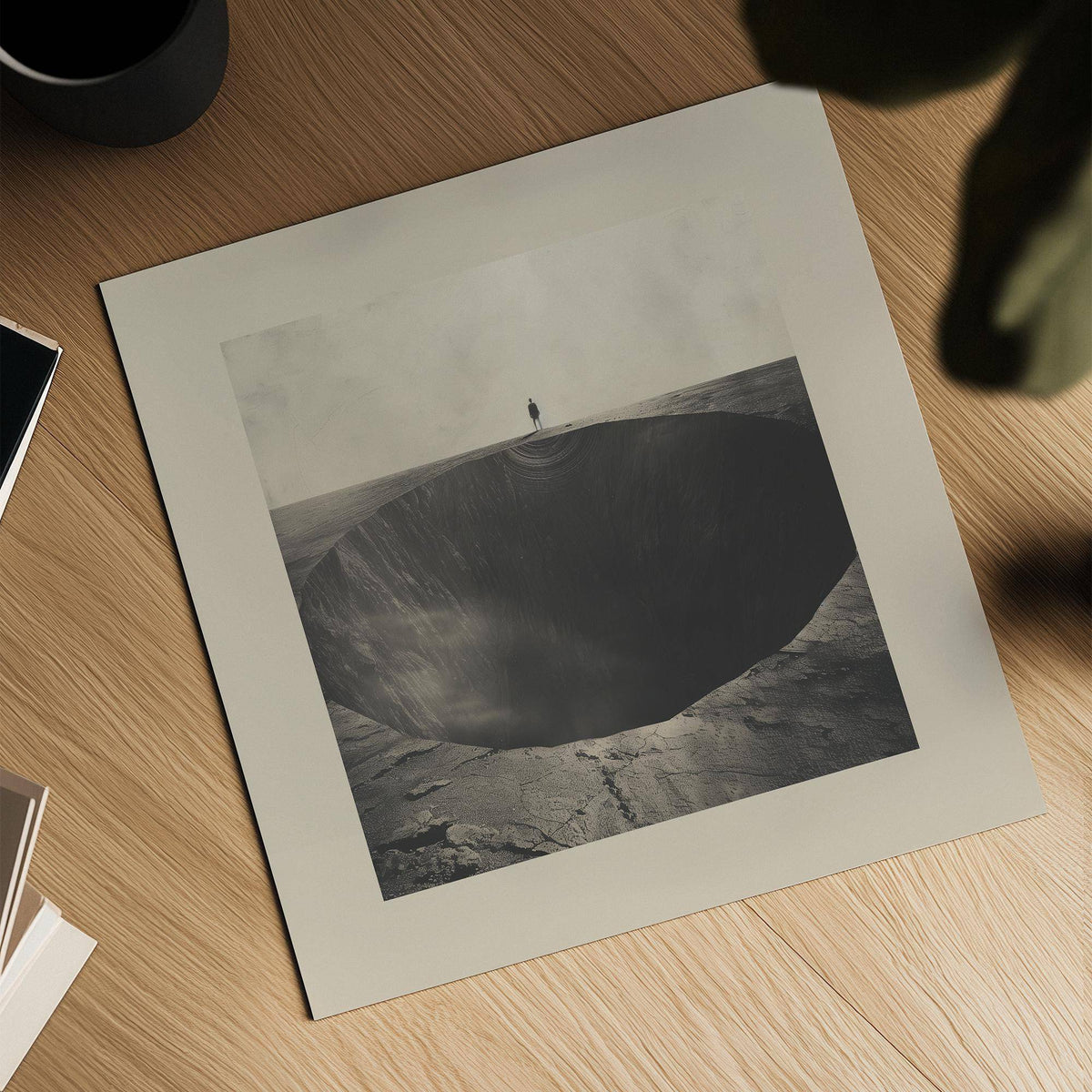 Surrealist wall art showing a large abyss hole with a person standing at the edge on a wooden surface