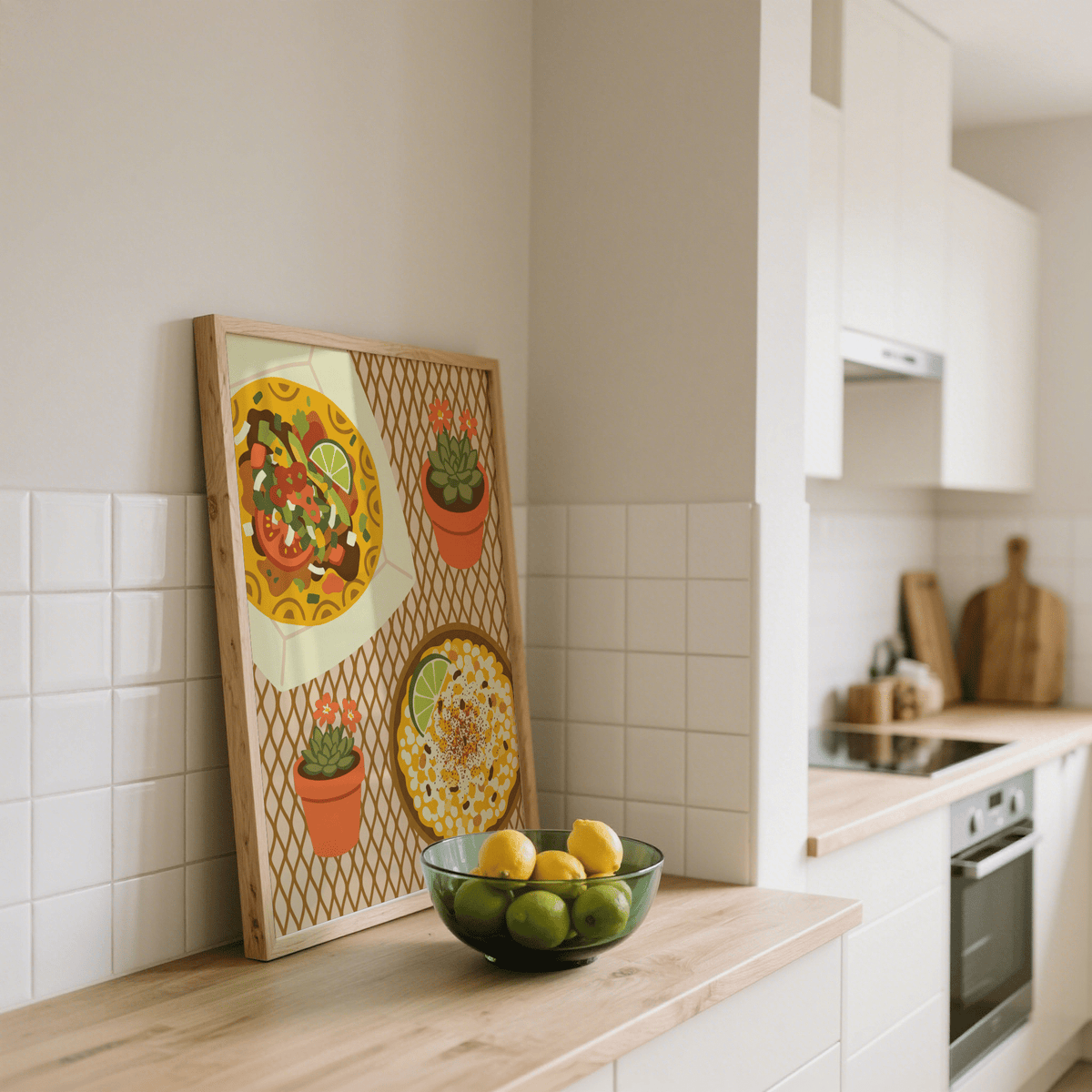 Print leaning on a kitchen counter with illustration of taco and corn dish and small plants with a bowl of lemons and limes
