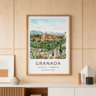 Framed Granada Spain art print of the Alhambra fortress in watercolour above vases on a sideboard