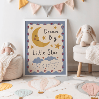 Dream Big Art Print leaning on floor with soft toys and bunting in a children's room