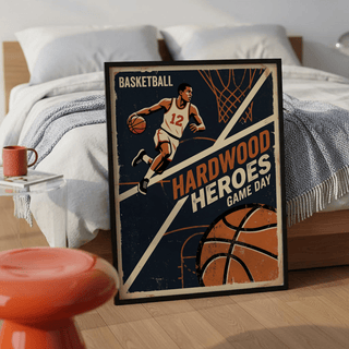 Vintage Basketball Art Print leaning on a bedroom floor with a red stool and bed visible