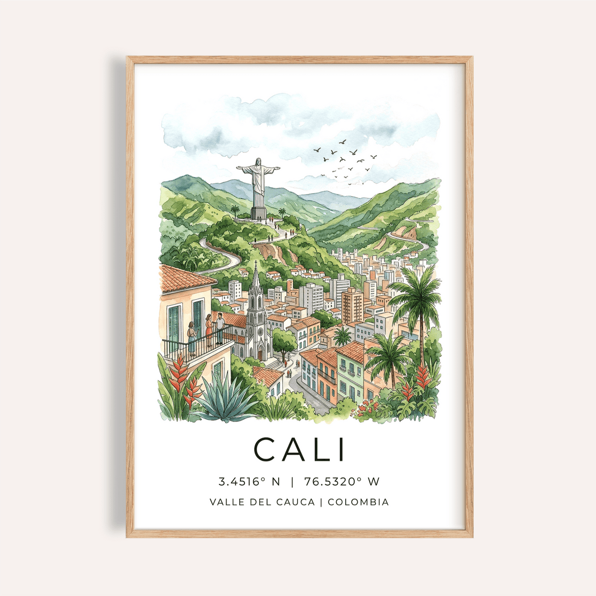 Framed Cali Colombia poster showing a watercolour cityscape with Christ statue and lush greenery
