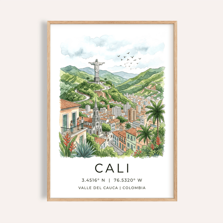 Framed Cali Colombia poster showing a watercolour cityscape with Christ statue and lush greenery